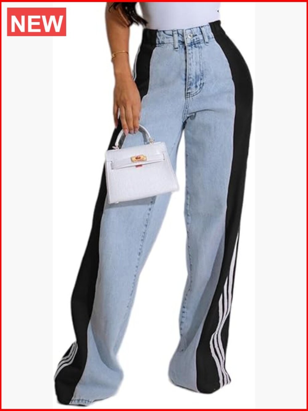 High Waisted Stretchy Denim Color Block Straight Wide Leg Trendy Jeans